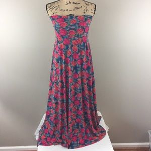 Lularoe Maxi Skirt/ Dress Dark Teal, Pink Roses, S